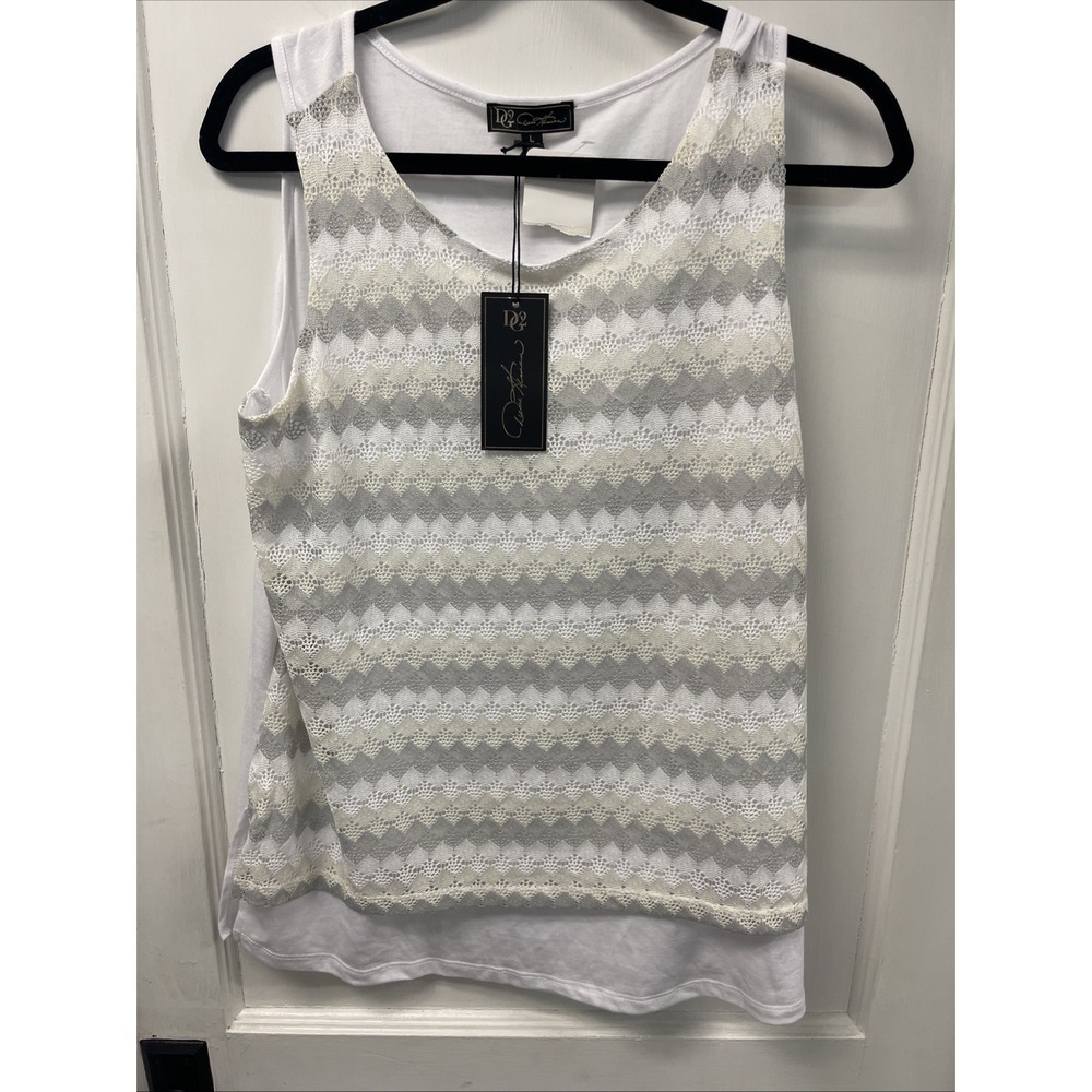 Diane Gilman DG2 Lace Tank Top Womens Large White Crochet Knit Sleeveless New
